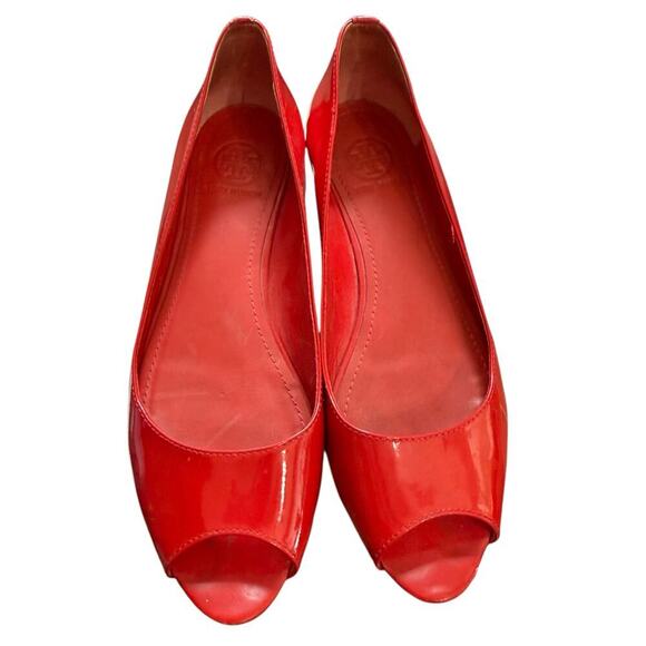 Tory Burch Shoes - Tory Burch Red Patent Peep Toe Wedge Flats Size 7